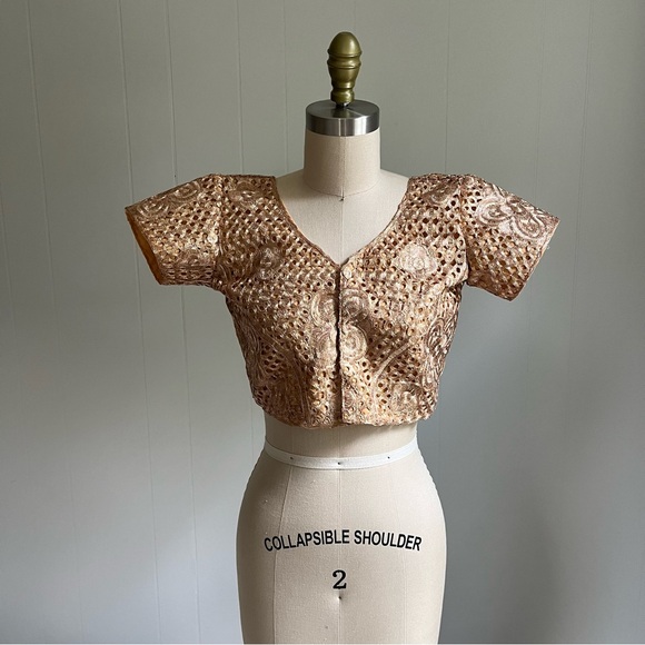 Vintage Metallic Rose Gold Crop Top Small Fairy Dainty Stiff Corset Hooks - Picture 2 of 12